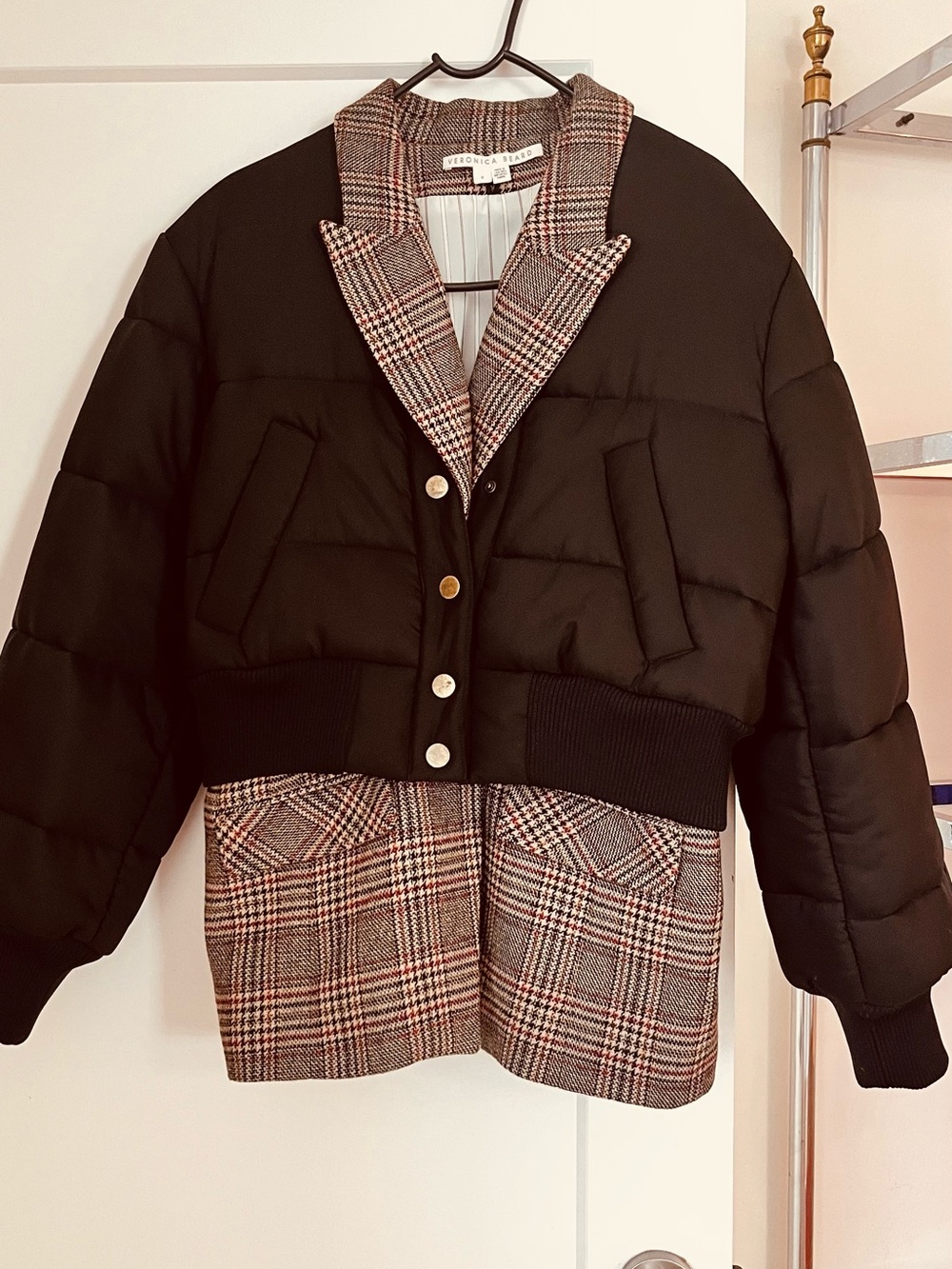 Veronica Beard “ Larkin” Black Quilted Puffer with Plaid Trim